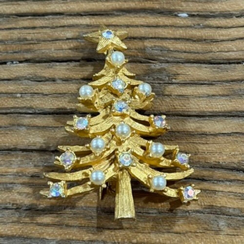 Mylu Brooch Gold Tone Christmas Tree Faux Pearl AB Rhinestone Star Topper Pin